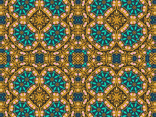 Wallpaper Geometric Seamless Ornament Abstract Pattern Green, Black, Blue, and Gold Yellow with Red Dots For print and Background. Geometric Tile Digital Paper.