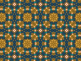 Wallpaper Geometric Seamless Ornament Abstract Pattern Green, Black, Blue, and Gold Yellow with Red Dots For print and Background. Geometric Tile Digital Paper.