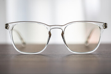 Eyeglasses close up. Eye glasses. Modern style eyeglasses. Round glasses with transparent lenses.