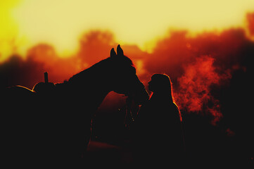 Silhouette of a girl and a horse on a background of dawn. Horse breathing vapor. A man kisses a...