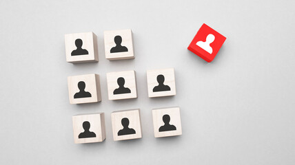 Organization structure, team building, business management or human resources concepts. Person icons on wooden cubes linked to each other.
