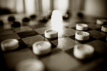 Chess board with checkers. - obrazy, fototapety, plakaty