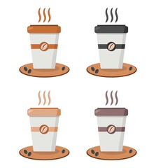 Vector illustration set of a cup of hot coffee ready to drink with a brown plate surrounded by a coffee bean logo, perfect for advertising coffee products