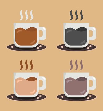 Vector illustration set of a cup of hot coffee to enjoy with a brown plate surrounded by coffee beans, perfect for advertising coffee products