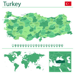 Turkey detailed map and flag. Turkey on world map.