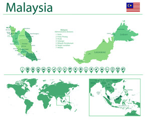 Malaysia detailed map and flag. Malaysia on world map.