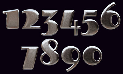 Set of 3D numbers 0-9 with glossy metal texture (chrome, steel, silver) isolated on black background