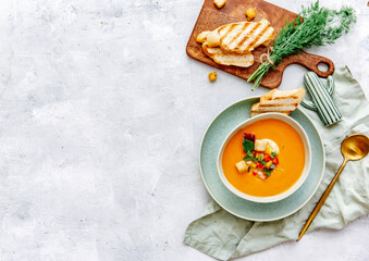 Tomato gazpacho soup, salmorejo soup in a bowl, spanish food