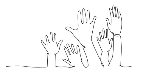 Fototapeta premium Hands up. Line art. one line drawing on white isolated background. Vector illustration
