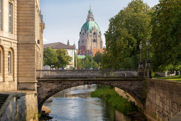 hannover New Town Hall with bridge over Leine river