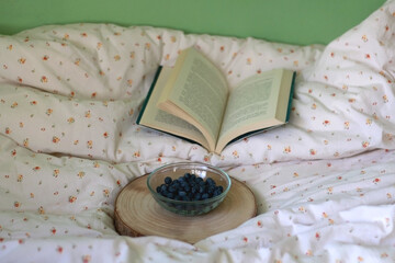 Bowl of blueberries and open book on a bed. Selective focus.