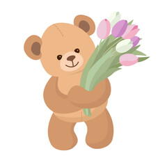 Teddy bear bring flowers. Cute lovely toy wishes joy. Vector
