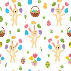 Easter bunny juggling eggs seamless pattern. Cute springtime background with rabbit. Great for textile, gift paper or prints. Vector illustration