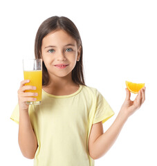 Cute little girl with orange juice on white background