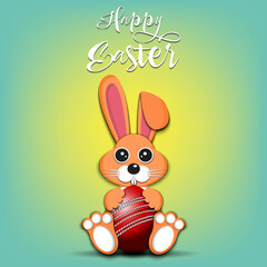 Happy Easter. Rabbit with easter egg decorated in the form of a cricket ball on an isolated background. Pattern for greeting card, banner, poster, invitation. Vector illustration