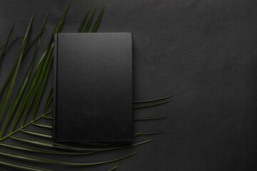 Blank book and palm leaf on dark background