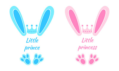 Blue and pink bunny ears and feet with crowns and words Little Prince, Little Princess. Design elements for boys and girls Easter t-shirt, baby shower, greeting card. Vector flat illustration.