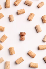 Champagne cork among wine corks on white background