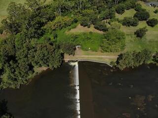 The Nepean River Weir, Penrith, on a sunny blue sky day.