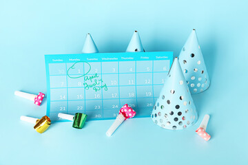 Obraz premium Calendar with marked date of April Fool's Day and party decor on color background