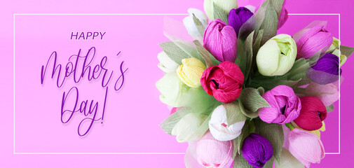 Banner with Colorful bouquet of paper flowers and the inscription Happy Mothers Day