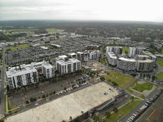 Aerial image of modern apartment buildings and housing estate.