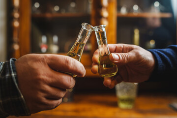 Close up on hands of two unknown men toasting with traditional serbian drink plum brandy rakija...