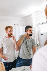 Young male couple brushing their teeth in front of the mirror