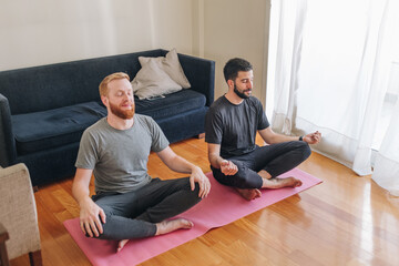 Young male couple doing yoga at home