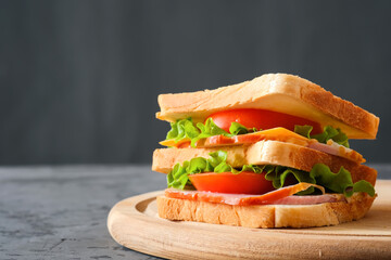 Tasty sandwich with ham, salad, cheese and tomatoes on gray background, selective focus, close-up view