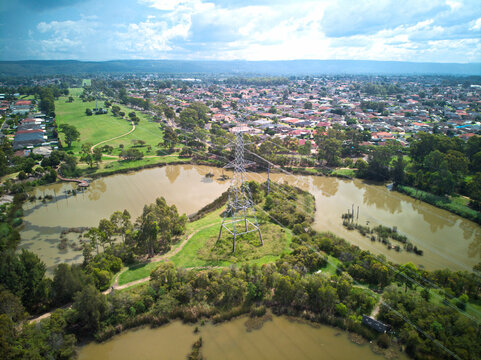 Drone photograph of the blue hills wetlands in glenmore park, NSW, australia.