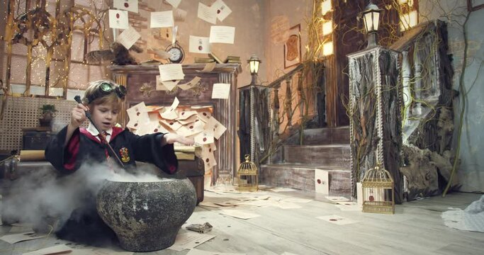 Student of a magic school brewing a potion in a steamy pot, fantasy, 4k