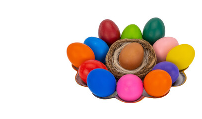 Fototapeta na wymiar special plate with colored chicken eggs isolated on a white background. Colorful Easter eggs. copy space.