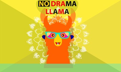 Llama alpaca animal face wearing sun glasses. No drama. Cute cartoon funny kawaii character. Childish baby collection. T-shirt, greeting card poster template print Flat design Yellow background