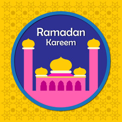 Ramadan Kareem poster design in yellow and blue colors. mosque and lantern designs.