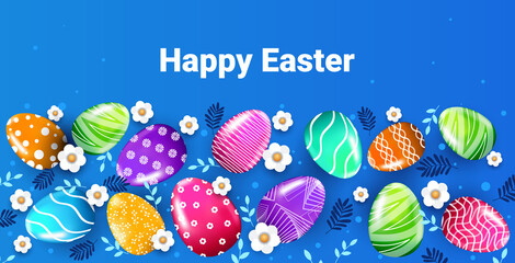 happy easter holiday celebration banner flyer or greeting card with decorative eggs and flowers horizontal