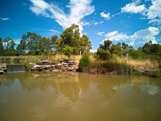 Fototapeta na wymiar Drone photograph of the blue hills wetlands in glenmore park, NSW, australia.