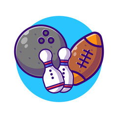 Bowling Ball with Pins and rugby Ball Vector Flat Illustration