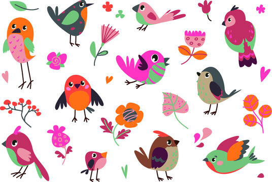 set of vector birds. cartoon illustration in childish style. images are isolated on white background.