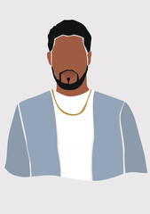 Black skin man with beard in a costume with gold chain on the white isolated background. Abstract man portrait.