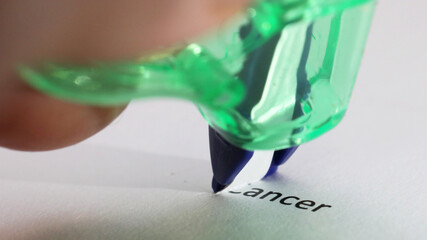 Eliminating cancer concept. The word cancer about to be removed, covere up or erased symbolically...