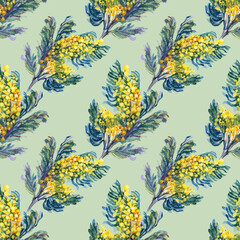 Obraz premium Seamless pattern watercolor bright yellow bouquet mimosa with green leaves on blue background.Hello spring. Object for celebration, womens day, 8 march, florist, invite, wallpaper, wrapping, wedding