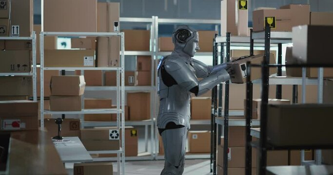 Cybernetic future robot worker carrying and sorting different boxes with customer delivery parcels in post office department workshop.. Futuristic employee. AI concept.