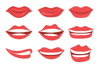 Collections of female mouth with red lipstick on lips isolated on white background. Flat vector illustration