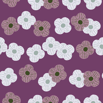 Decorative spring seamless pattern with doodle random simple flower elements. Pastel purple background.