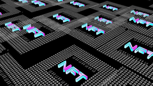 square tile labeled nft slowly rises and falls against a black background. crypto art concept. 3d render