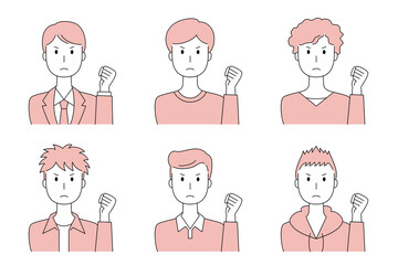 こぶしを挙げて怒った表情の男性のベクターイラストセット