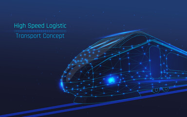 modern high-speed train, passenger travel concept, cargo delivery, moving between countries on the tycoon's railroad. modern and future logistics technologies .wireframe, plexus,vector, dark-blue bg - obrazy, fototapety, plakaty