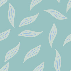 Vintage simple seamless pattern with random light foliage print. Blue pastel background. Leaves doodle artwork.