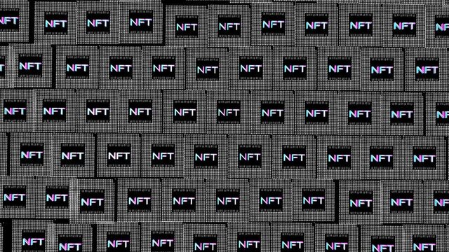 square tile labeled nft slowly rises and falls against a black background. crypto art concept. 3d render